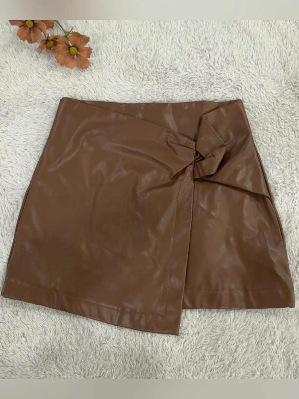 Princess Polly Brown Faux Leather Wrap Mini Skirt with Side Knot - Picture 3 of 12